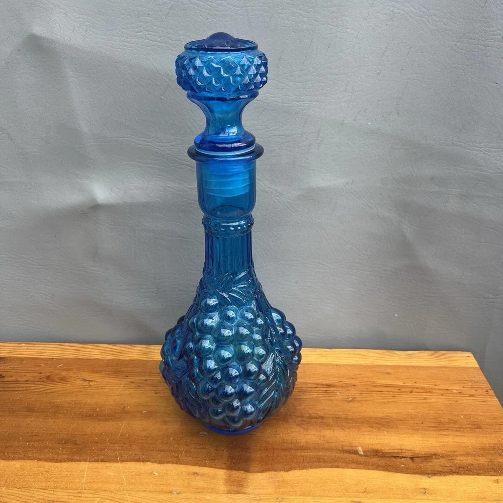 Imperial Blue Glass Decanter w Grape Pattern Genie Bottle Vintage MCM Stopper